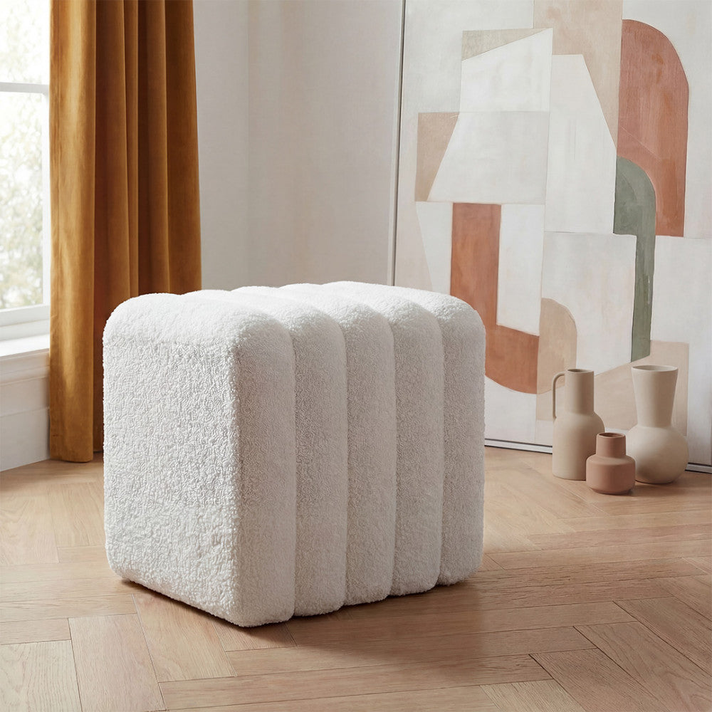 Leto - Pouf Rembourré - Tissu Bouclette - Blanc