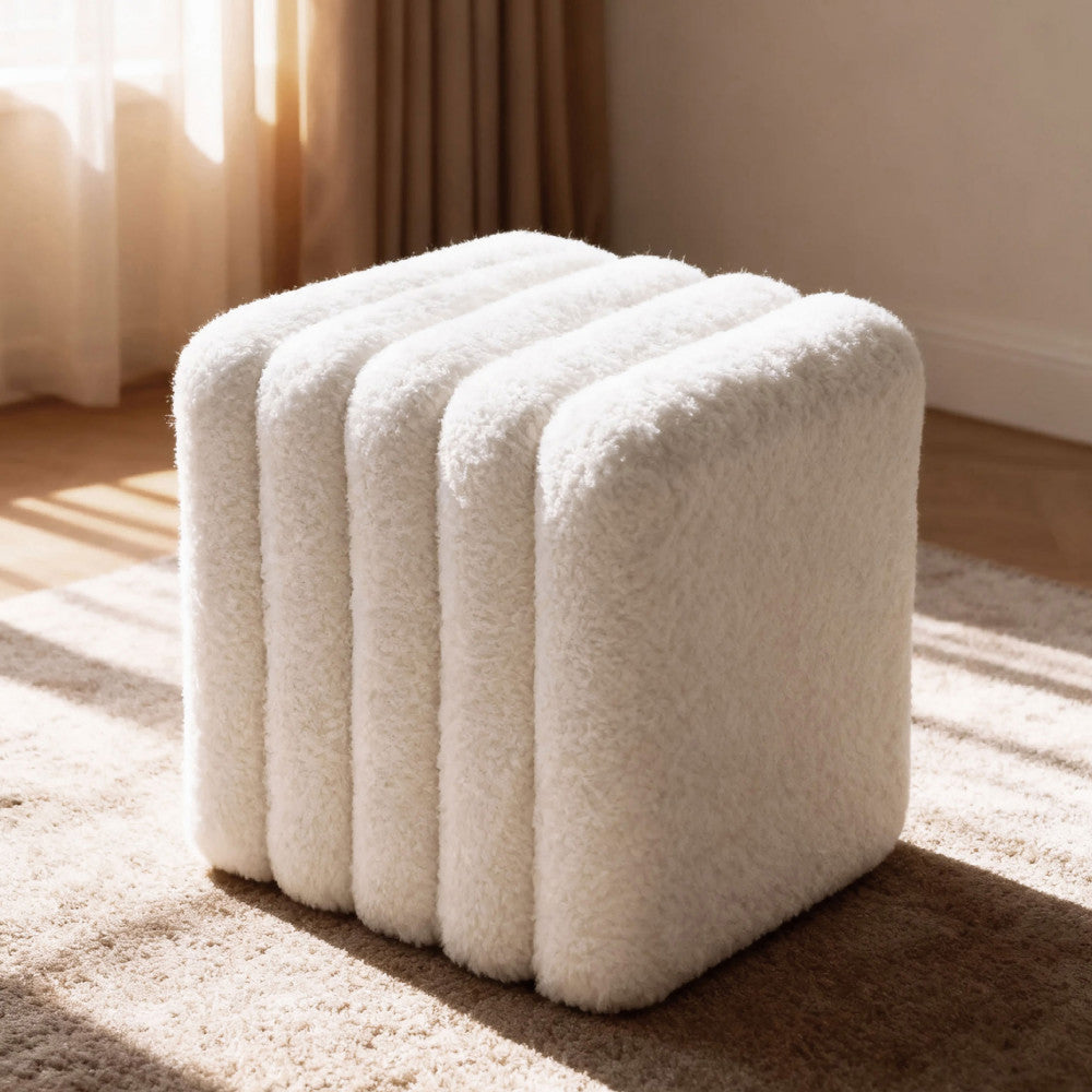 Leto - Pouf Rembourré - Tissu Bouclette - Blanc