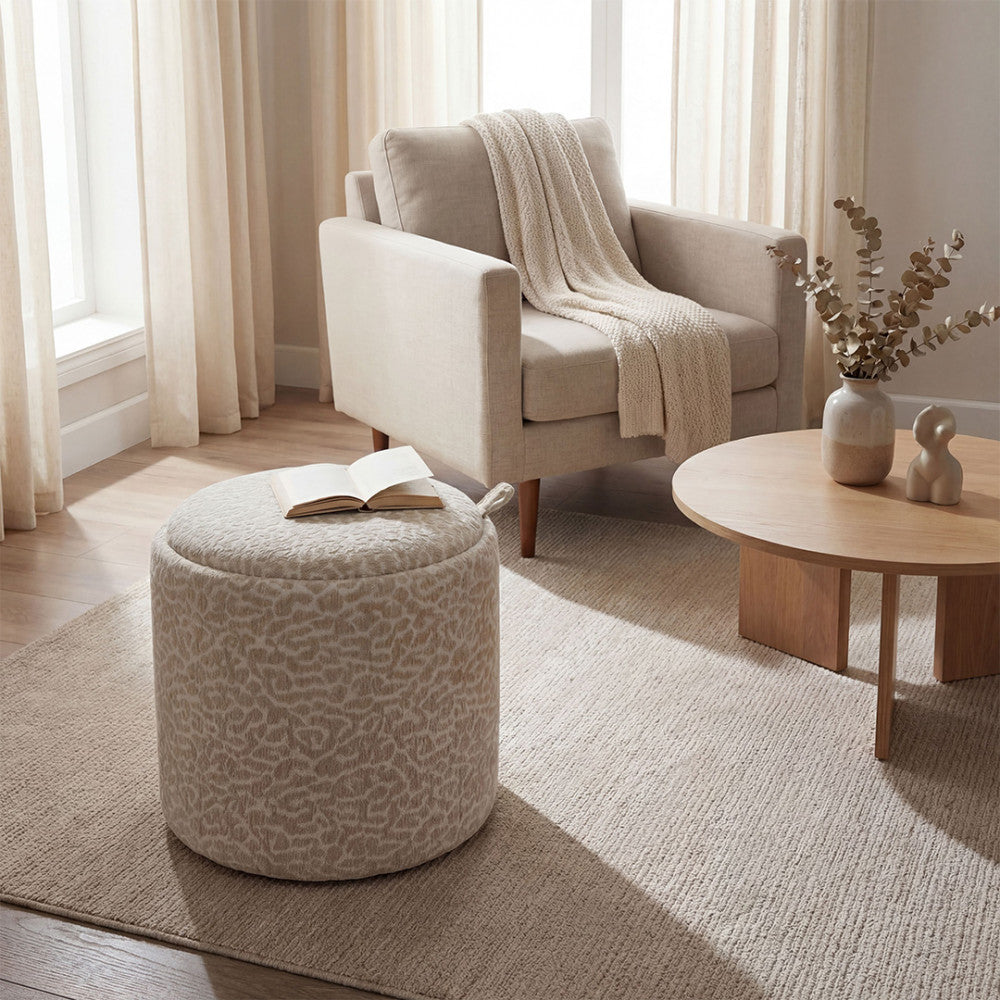 Zoé - Puf Con Almacenamiento Estampado De Leopardo Convertible En Mesa Auxiliar - Beige