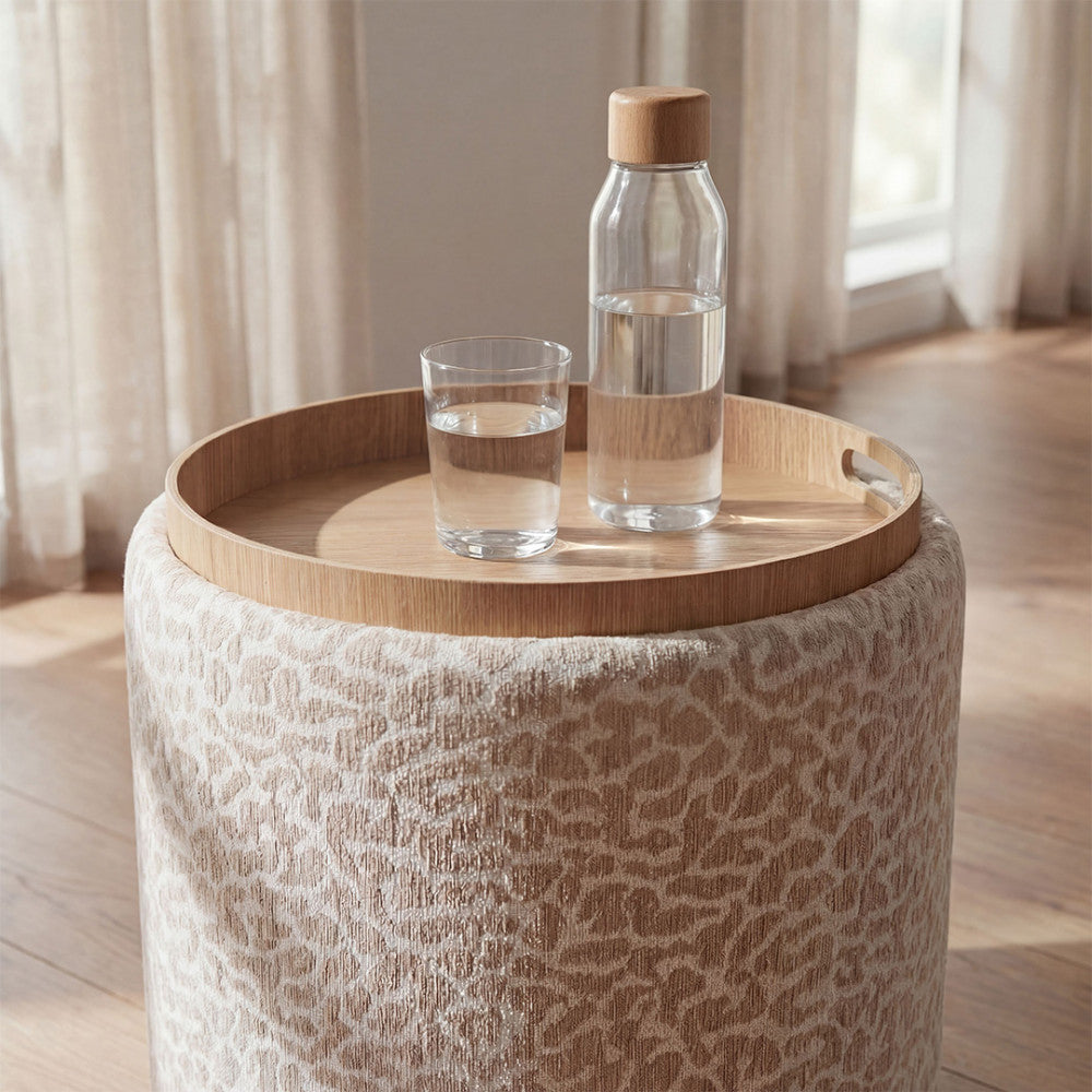 Zoé - Puf Con Almacenamiento Estampado De Leopardo Convertible En Mesa Auxiliar - Beige