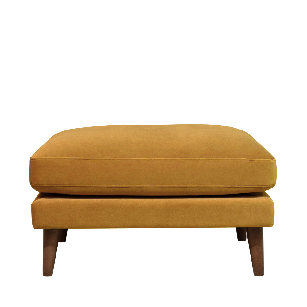 Villabon - Velvet Pouffe with Dark Wood Legs - Mustard Yellow