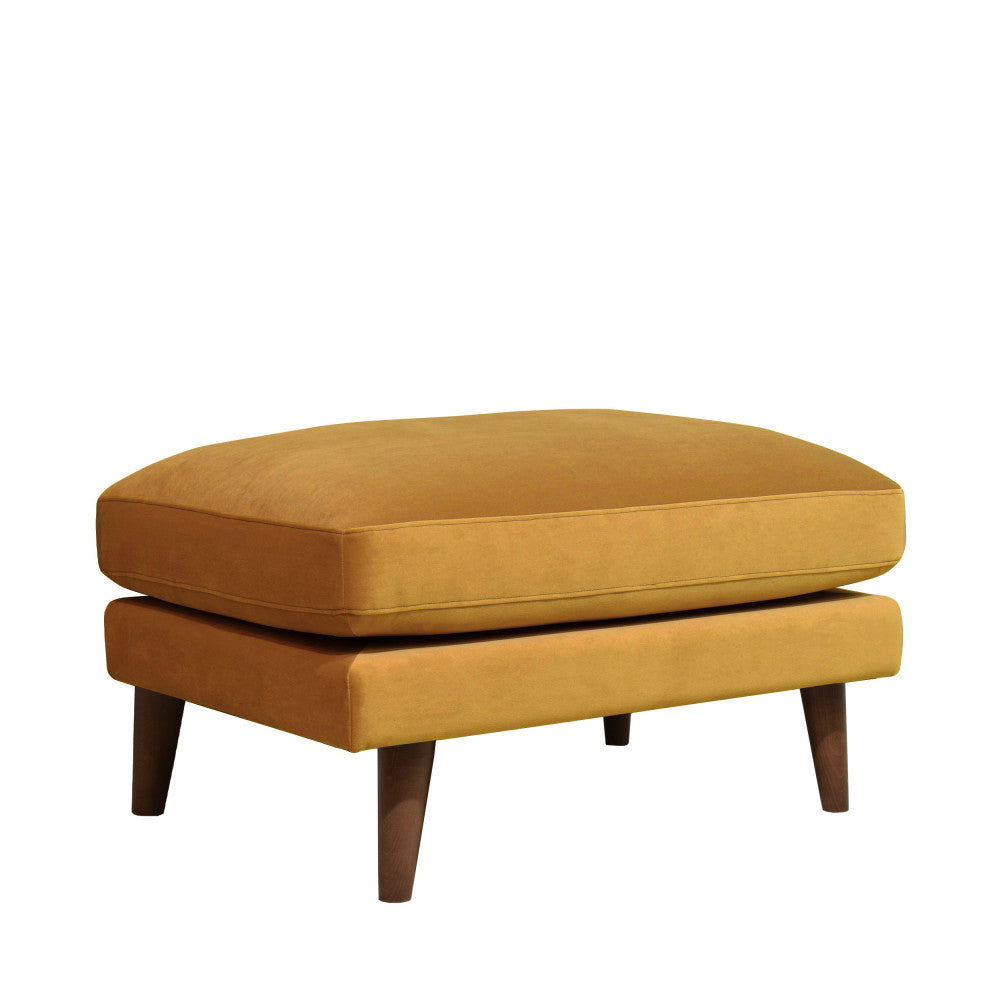 Villabon - Velvet Pouffe with Dark Wood Legs - Mustard Yellow
