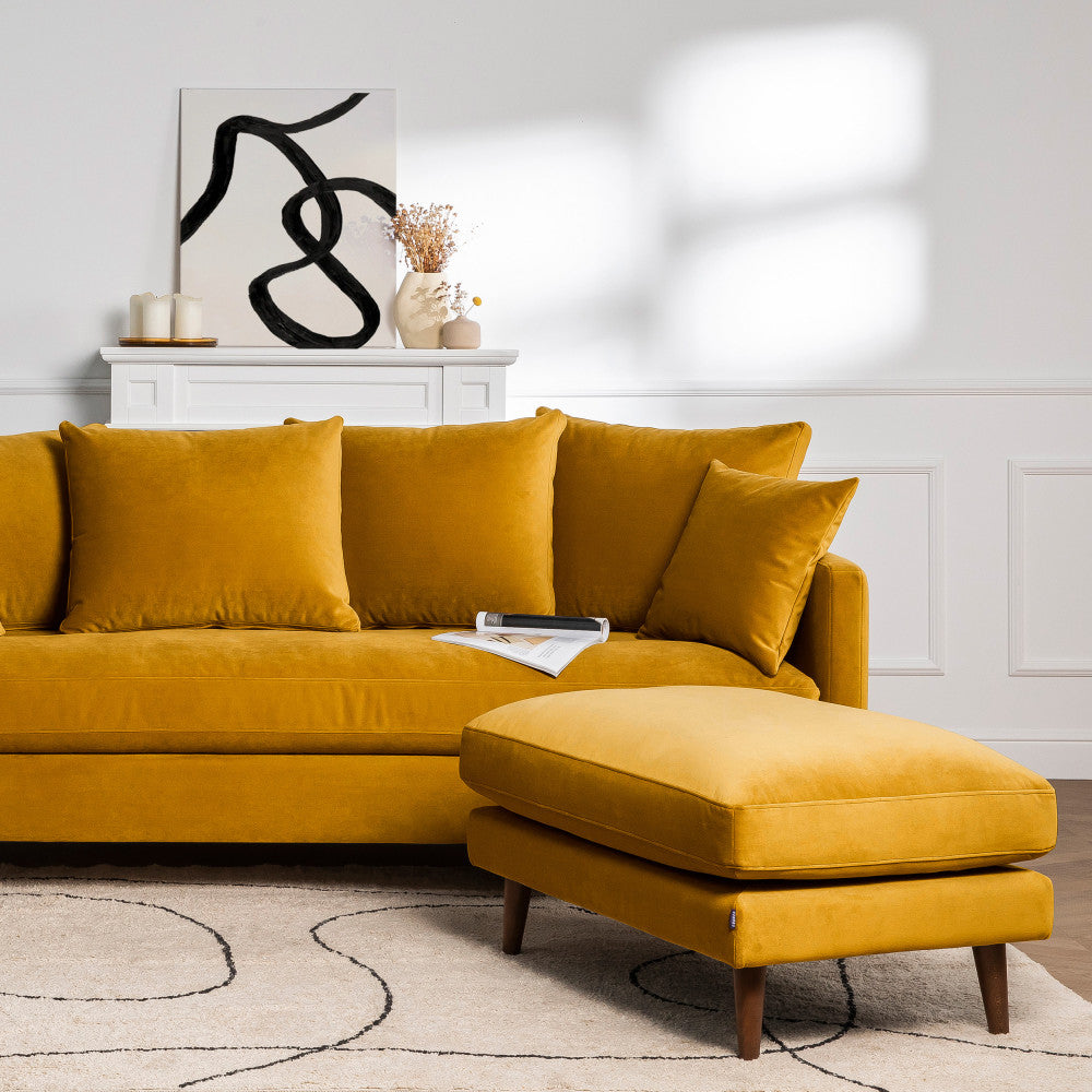 Villabon - Velvet Pouffe with Dark Wood Legs - Mustard Yellow