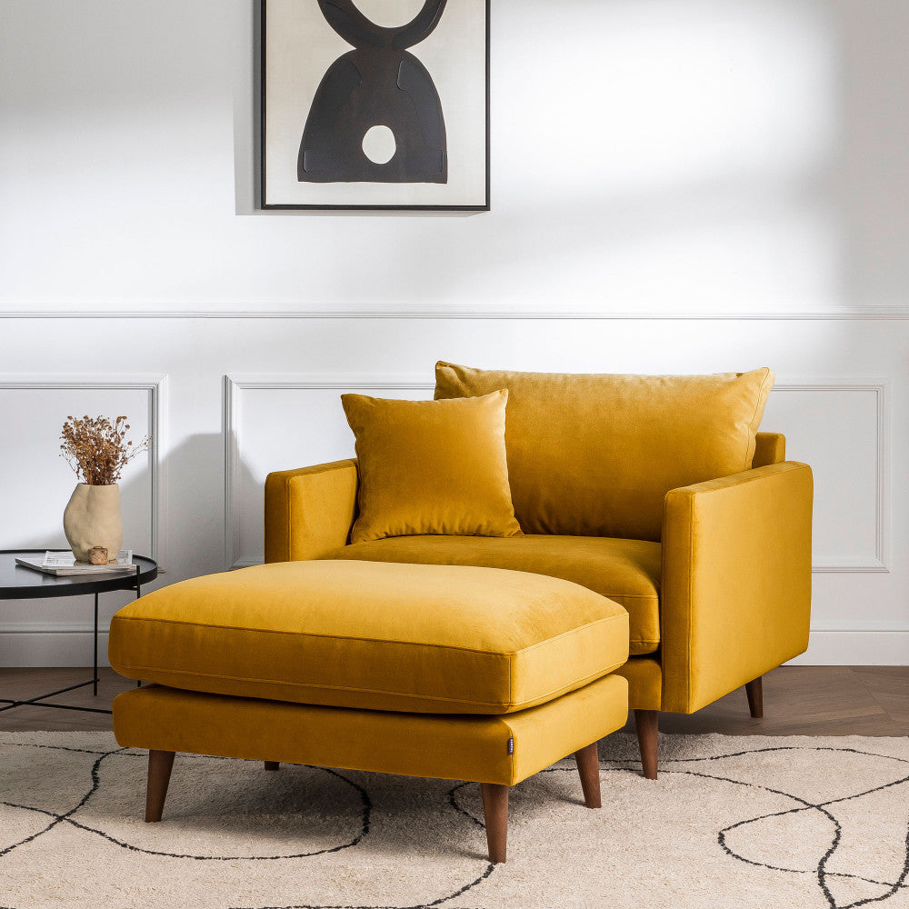 Villabon - Velvet Pouffe with Dark Wood Legs - Mustard Yellow