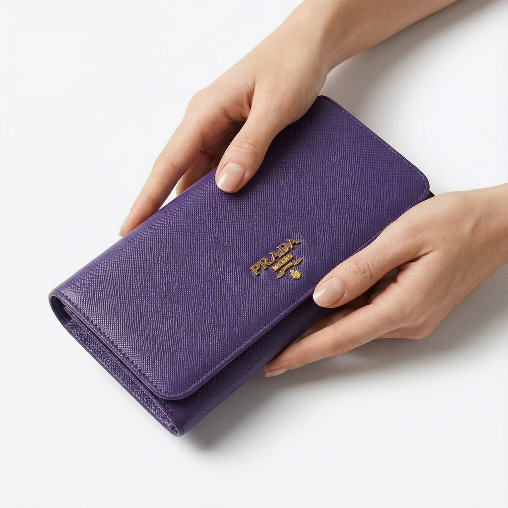 Prada Long Wallet In Purple Saffiano Leather