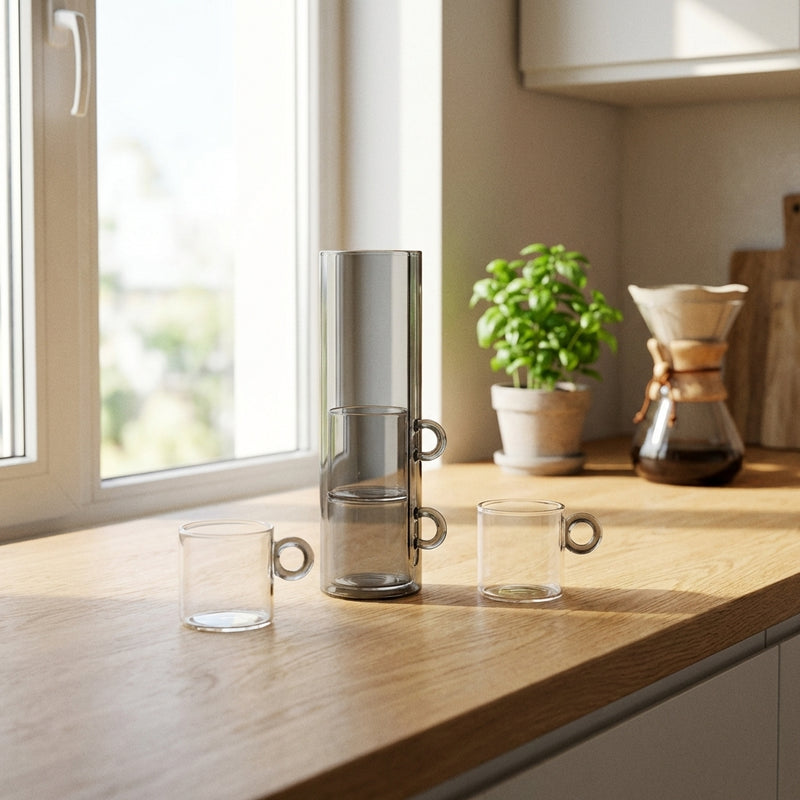 Set of 4 Borosilicate Glass Cups with Ring Handle - Gray