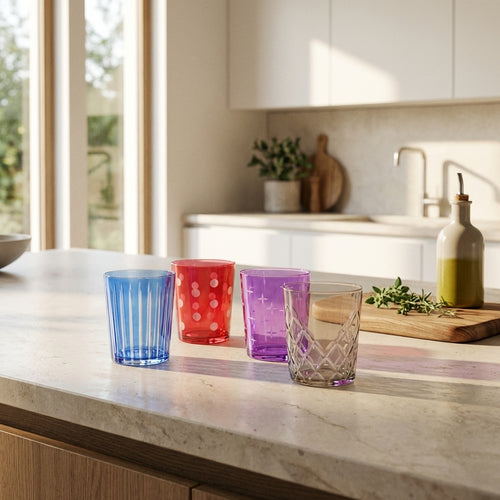 Set Of 4 Glass Goblets With Incised Mixed Motifs