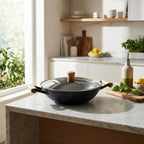 Cast Iron Wok with Honeycomb Structure and Wooden Handles - Black