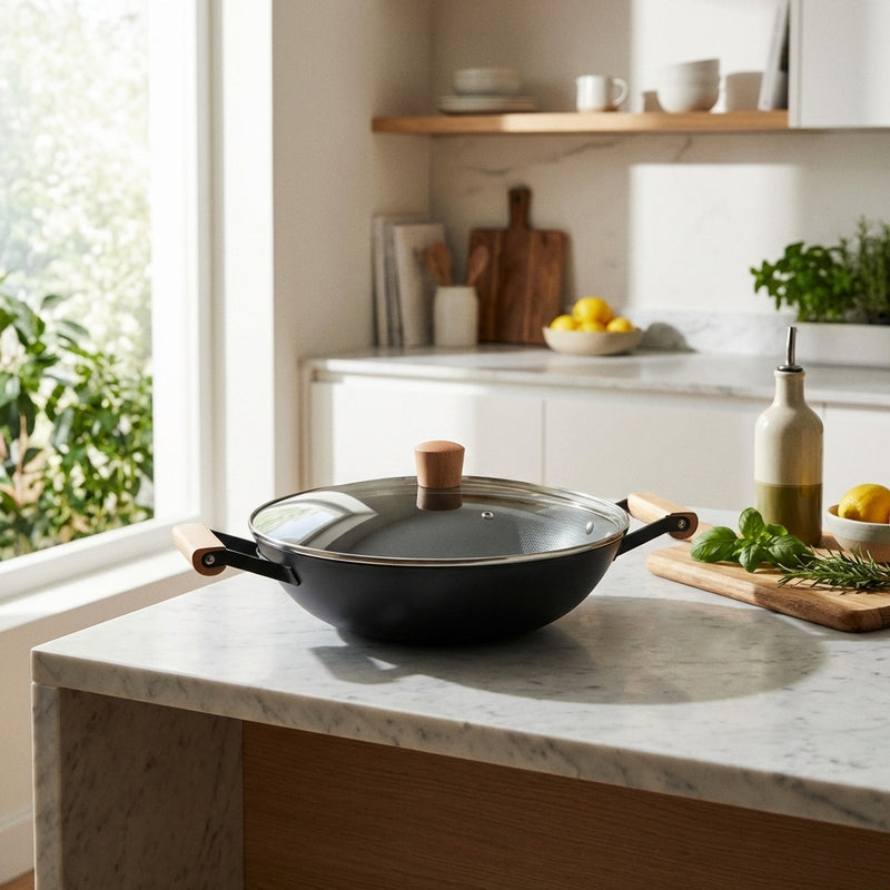 Cast Iron Wok Honeycomb Structure With Wooden Handles - Black