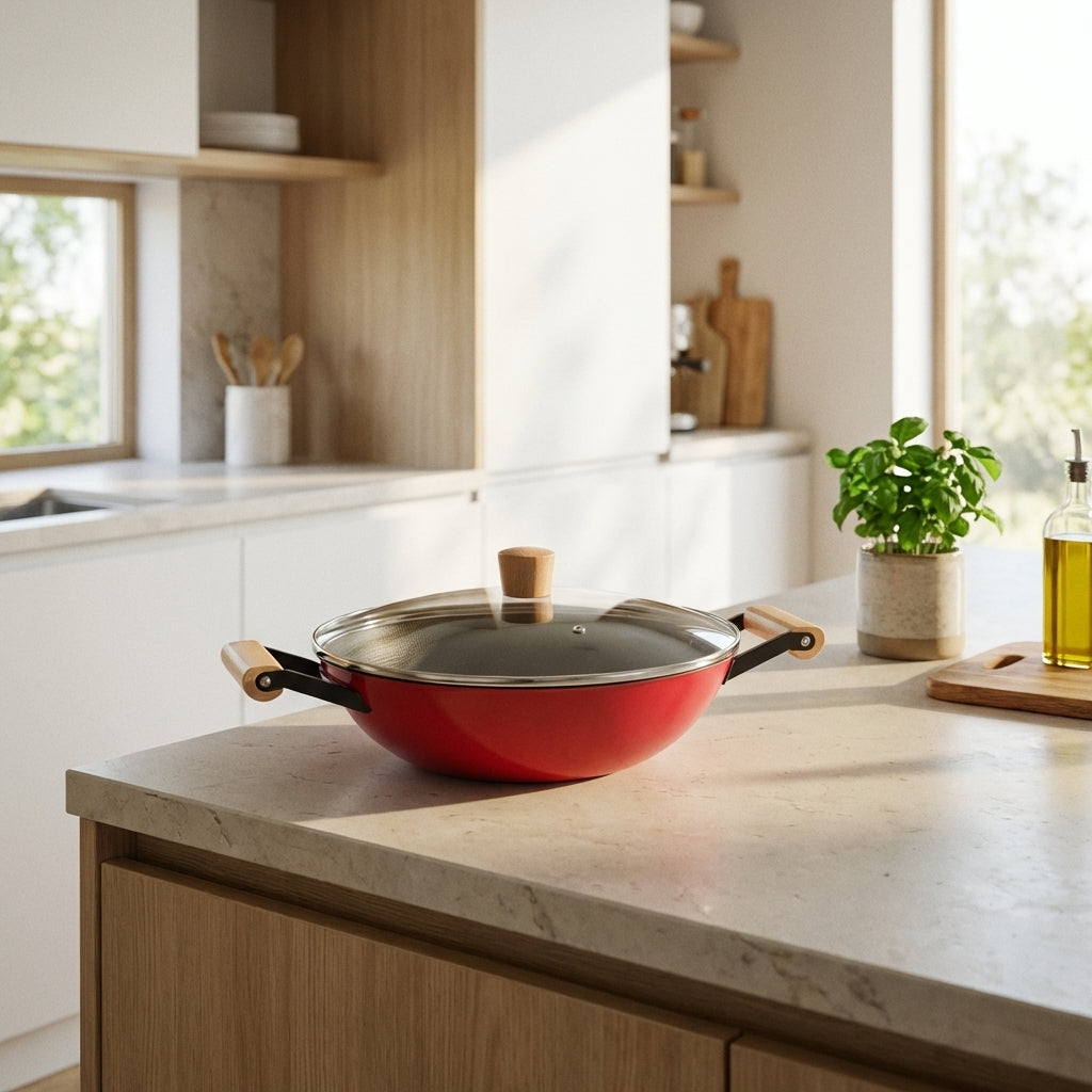 Wok De Hierro Fundido Estructura Panal De Abeja Con Asas De Madera - Rojo