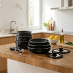 Set De 3 Poêles En Aluminium + Set De 3 Casseroles En Aluminium + 3 Couvercle En Verre Avec Bouton En Silicone