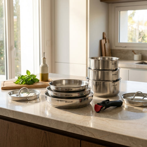 Set of 3 Stainless Steel Saucepans + 3 Frying Pans + 1 Removable Handle + 3 Strainer Lids with Stainless Steel Handle - Silver/Black/Red