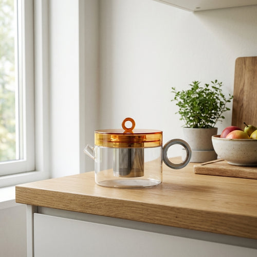 Tetera de vidrio de borosilicato con mango de color - Gris y naranja