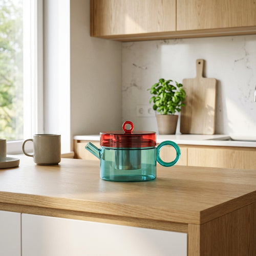 Tetera de vidrio de borosilicato con mango de color - Rojo y azul claro