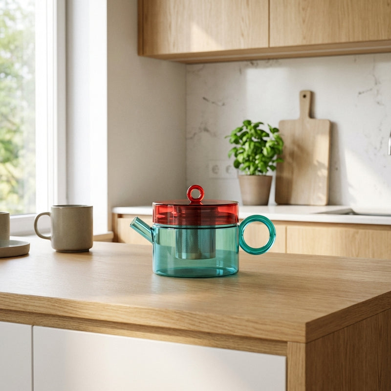 Tetera de vidrio de borosilicato con mango de color - Rojo y azul claro