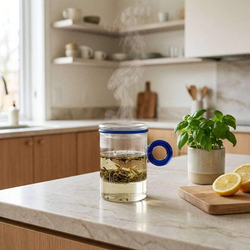 Tisanière En Verre Borosilicate Avec Poignée À Anneau - Poignée Bleue