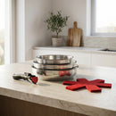 Set of 3 Stainless Steel Frying Pans with Removable Handle + 3 Frying Pan Separators - Silver / Black / Red