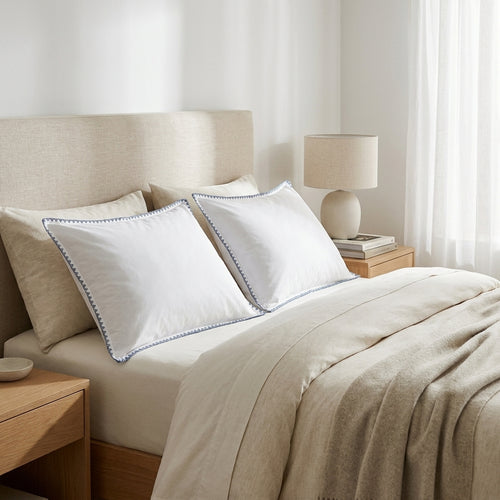 Taie D Oreiller X2 - Percale De Coton - Blanc / Bleu Denim - Zoé