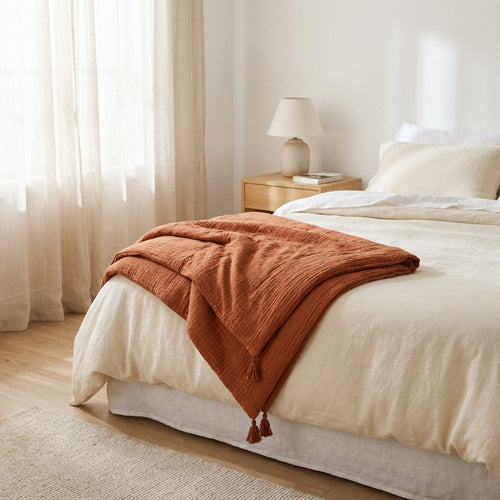 Édredon Avec Glands Gaze De Coton - Terracotta 02 - Uni