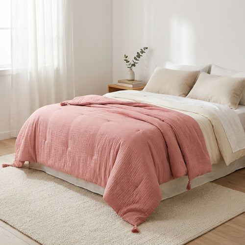Édredon Avec Glands Gaze De Coton - Rose 06 - Uni