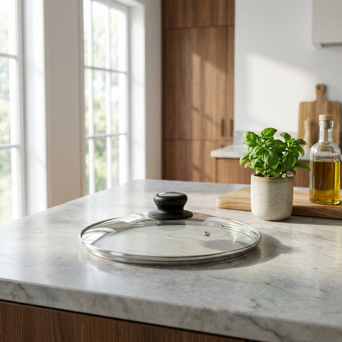 Stainless Steel Rim Glass Lid With Bakelite/Stainless Steel Button - Glass