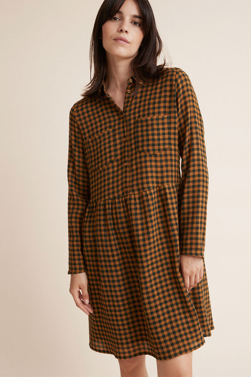 Robe chemise Noir et moutarde - Femme