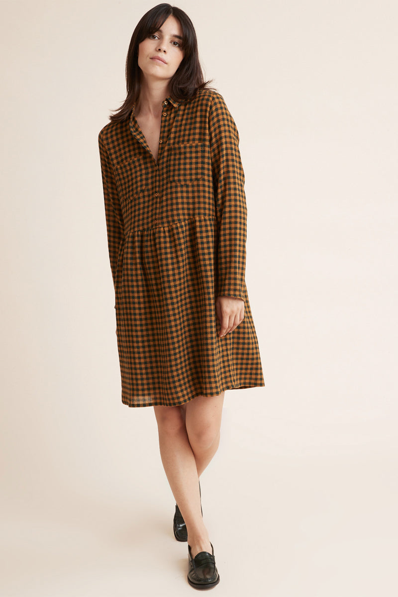 Robe chemise Noir et moutarde - Femme
