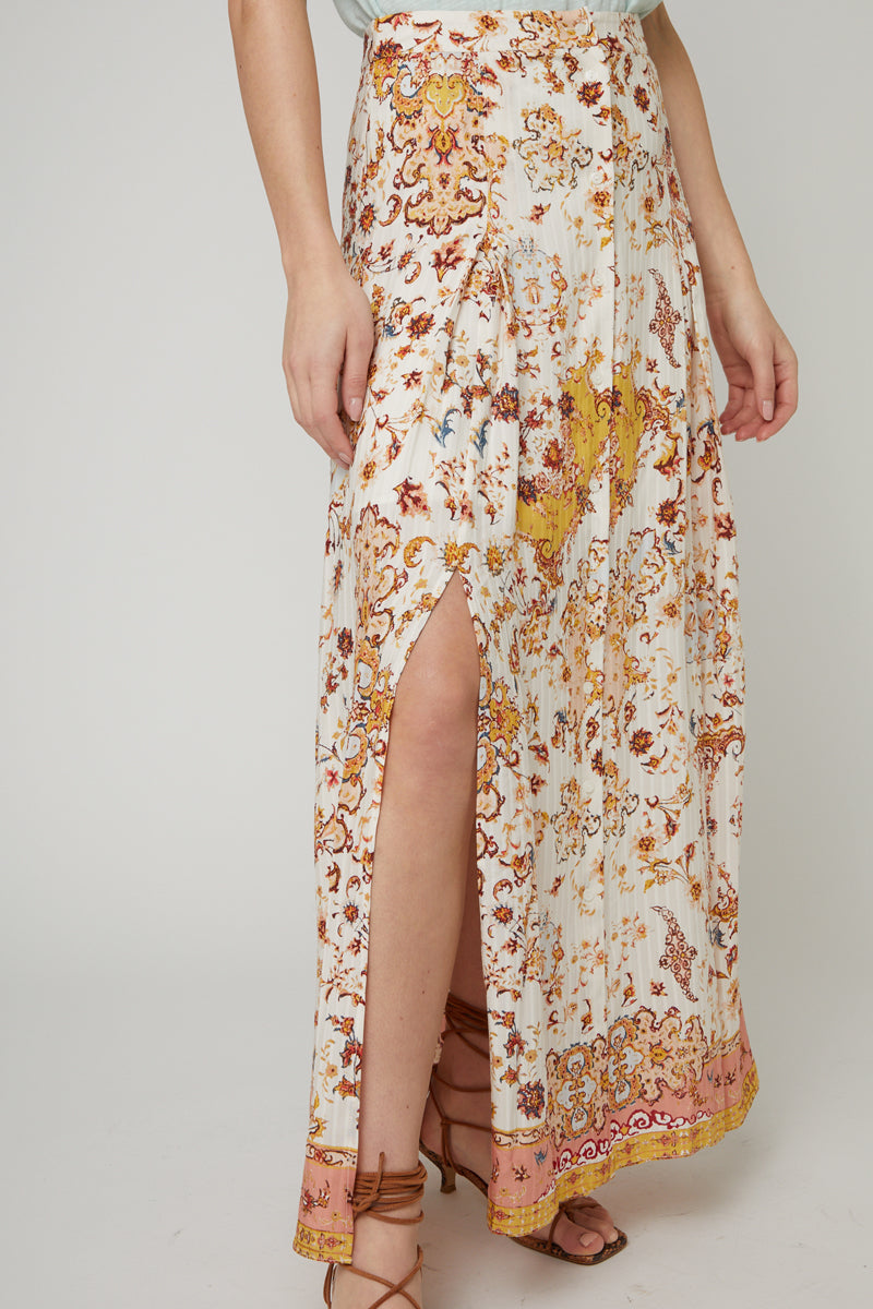 Ecru And Mustard High Waisted Maxi Skirt