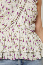 Berenice - Draped Top - Ecru And Purple