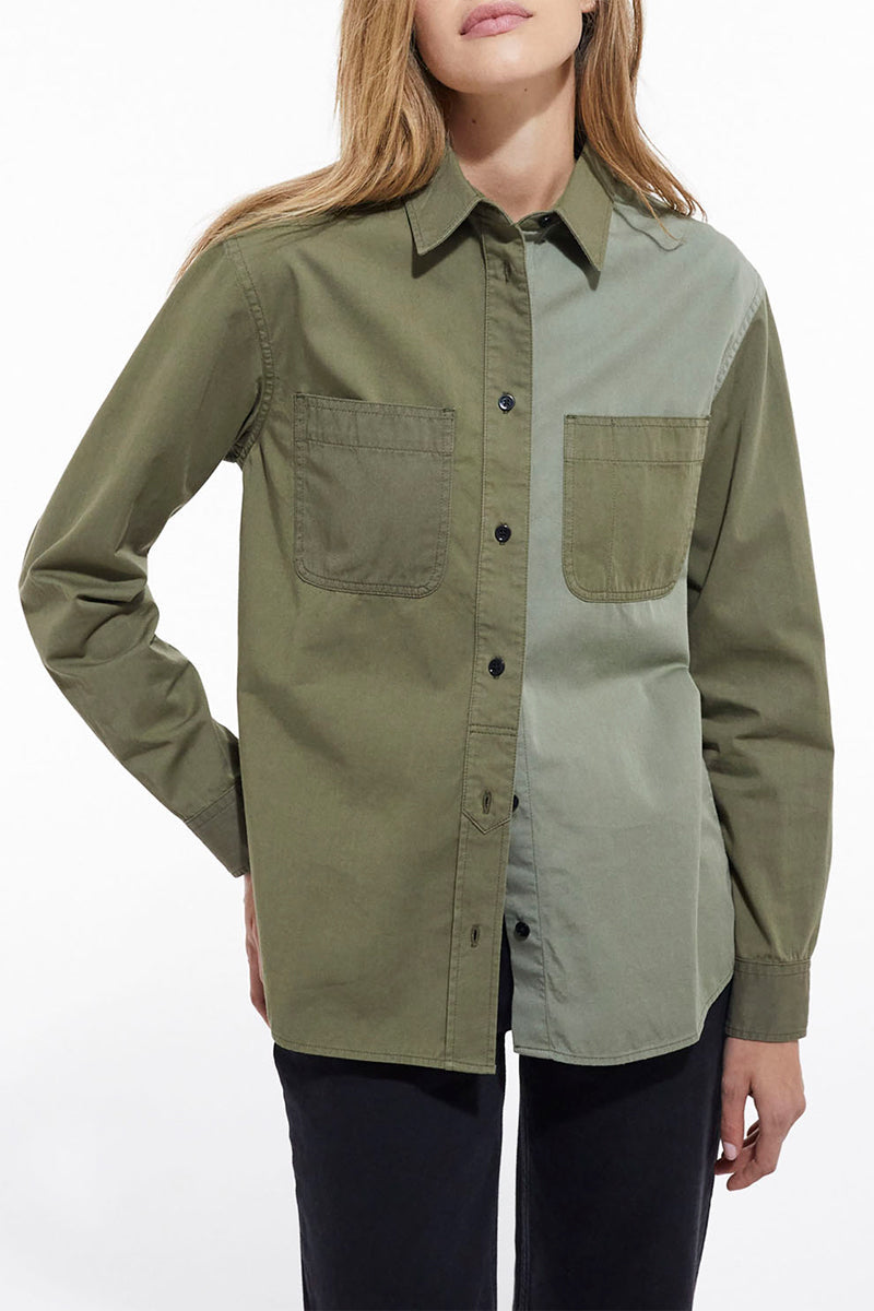 Camisa vaquera patchwork caqui - Mujer
