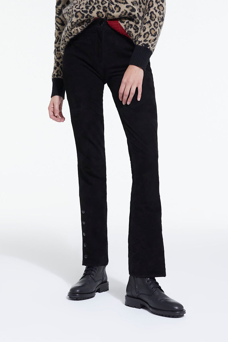 Pantalón Recto Piel Ante Negro - Mujer