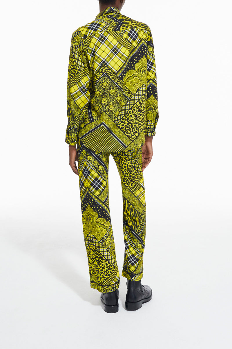 Pantalon Droit - Noir Et Vert Citron - Femme