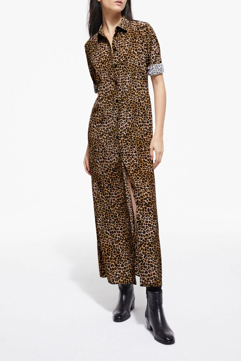 Vestido camisero de seda - Camel y negro - Mujer