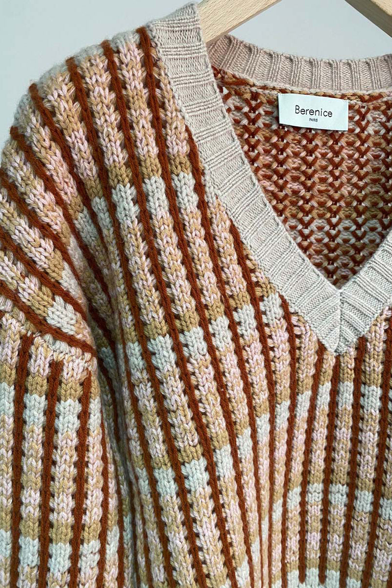 Pull En Laine Et Cachemire Beige Et Bordeaux