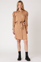 Robe Courte Chemise Ml Froncee - Camel