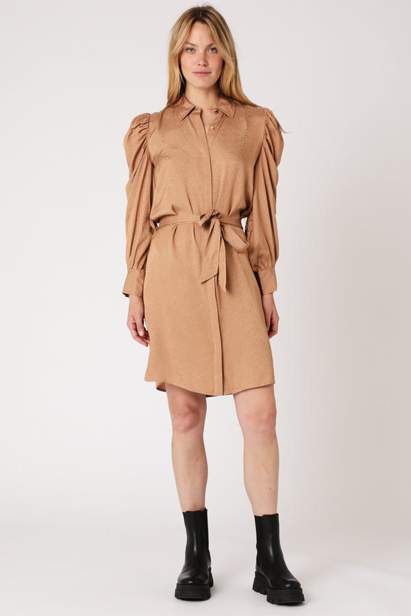 Vestido Camisero Corto Ml Fruncido - Camel