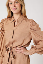 Robe Courte Chemise Ml Froncee - Camel