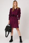 Berenice - Short Gathered Long-Sleeve Shirt Dress - Dark Purple