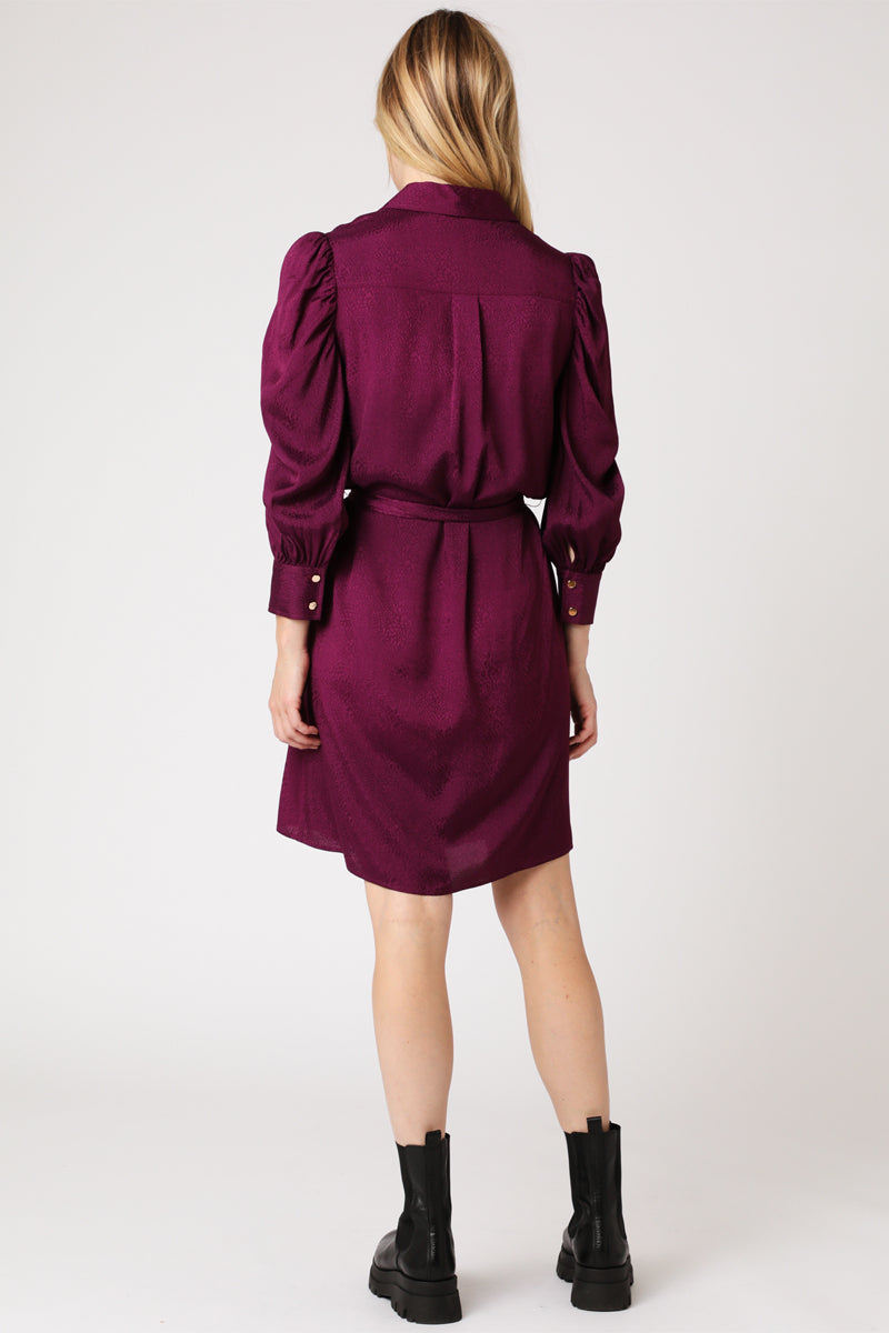 Berenice - Short Gathered Long-Sleeve Shirt Dress - Dark Purple