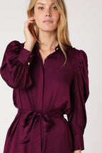 Berenice - Short Gathered Long-Sleeve Shirt Dress - Dark Purple