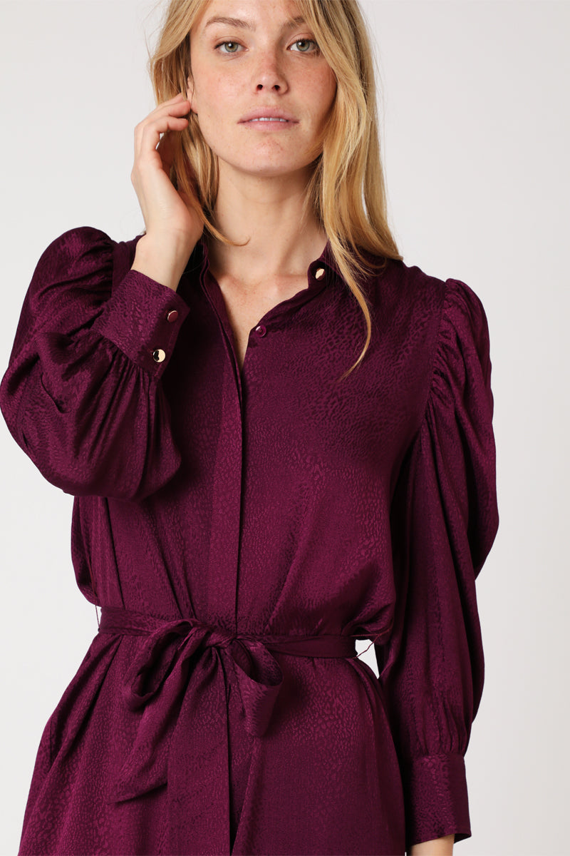Berenice - Short Gathered Long-Sleeve Shirt Dress - Dark Purple