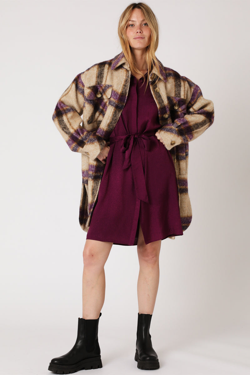 Berenice - Short Gathered Long-Sleeve Shirt Dress - Dark Purple