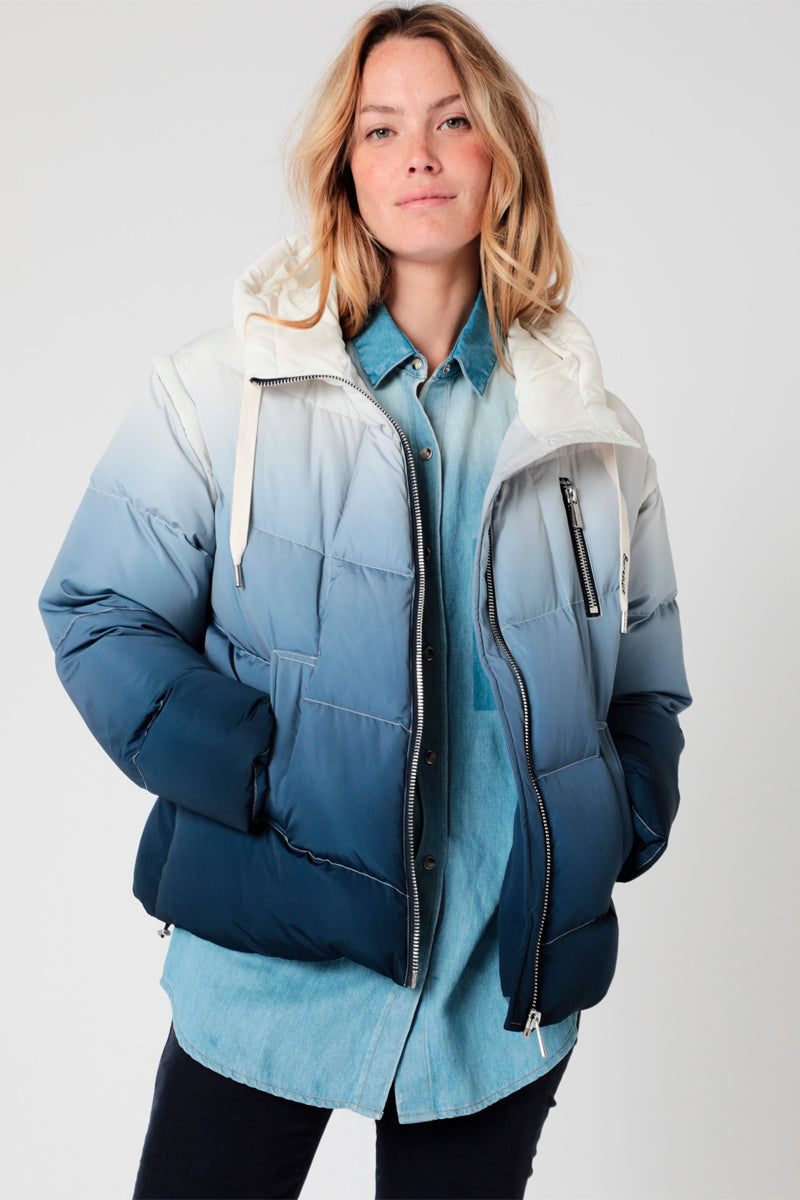 Navy And Blue Hooded Down Jacket Blanc