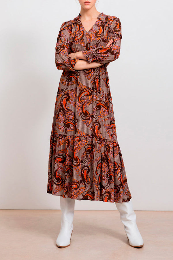 Calypso Ruffled Dress - Brown and Ecru