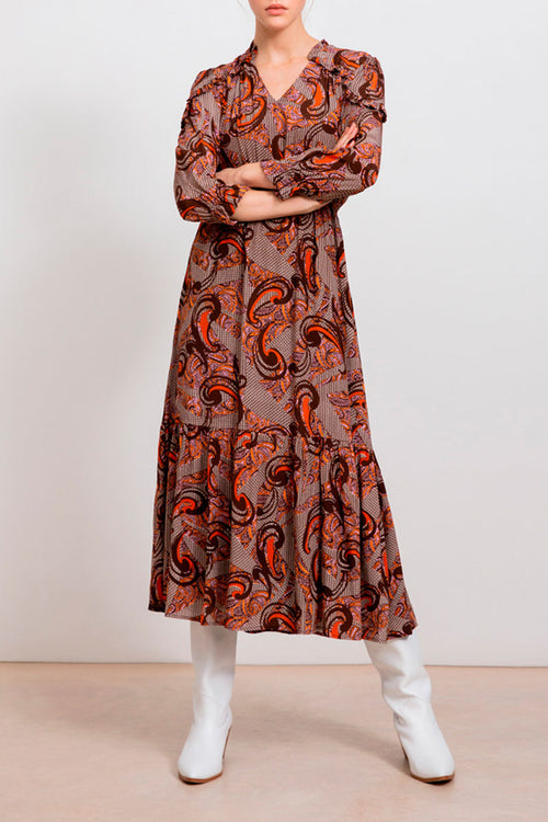 Calypso Ruffled Dress - Brown and Ecru