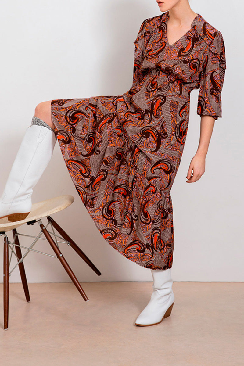 Robe Volantée Calypso - Marron Et Écru