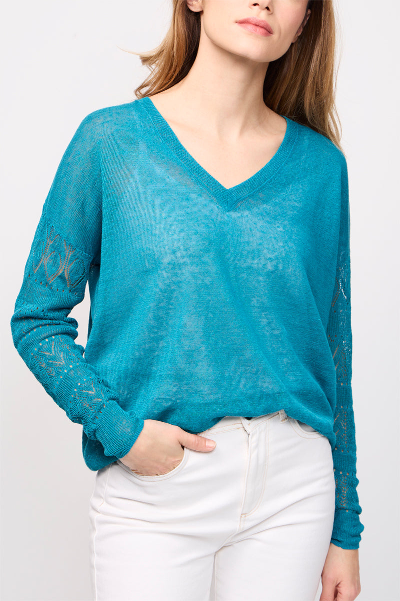 Pull En Lin Pasti Turquoise