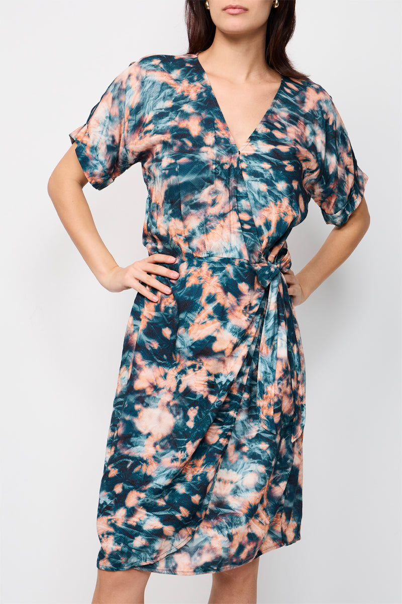 Vestido cruzado Bastia azul caribeño y rosa