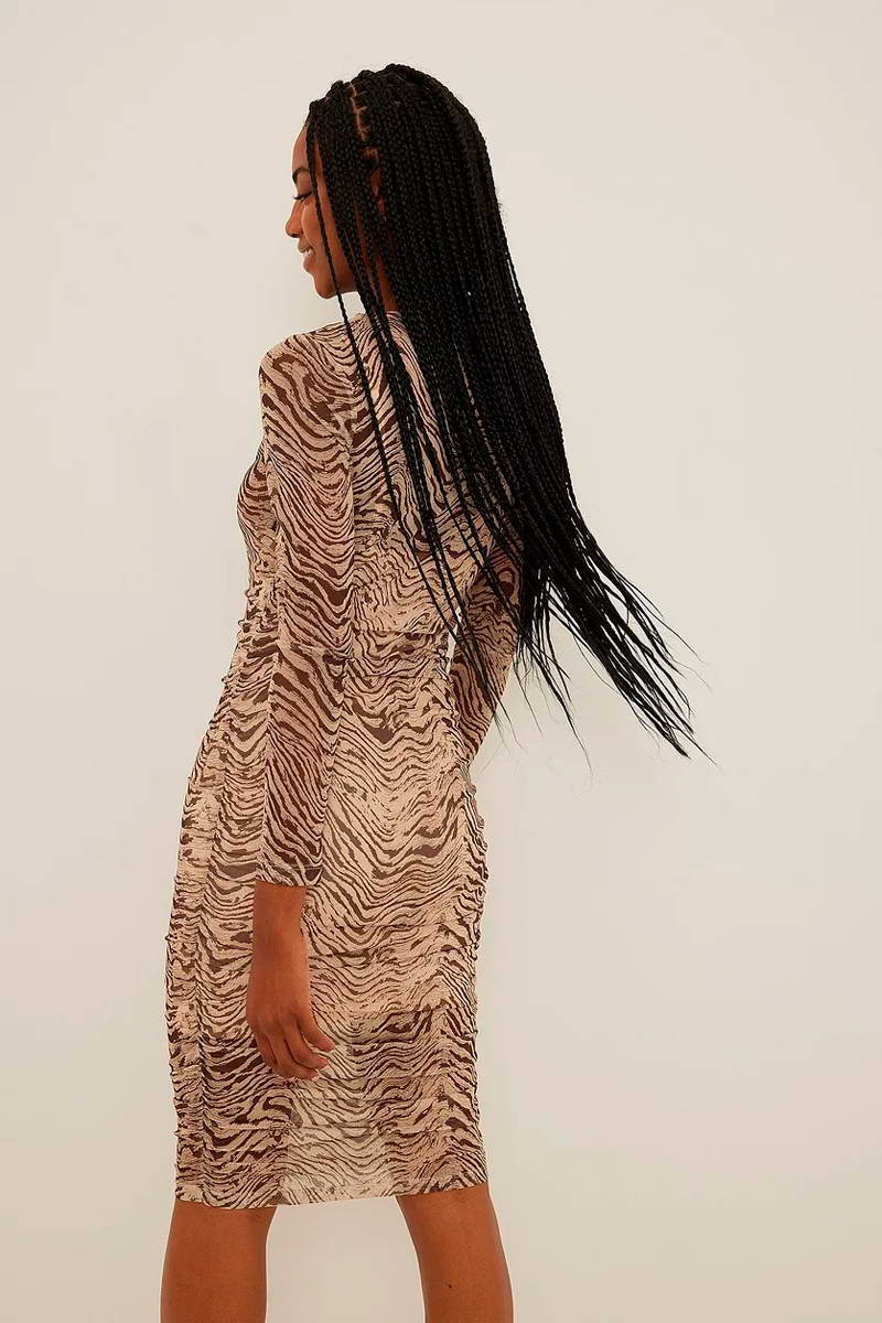 Gathered Dress - Beige And Brown