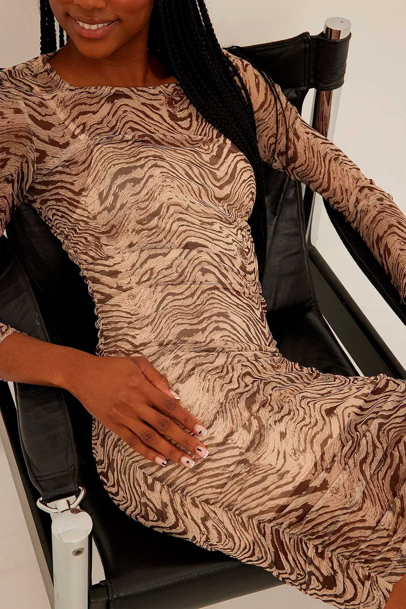 Gathered Dress - Beige And Brown